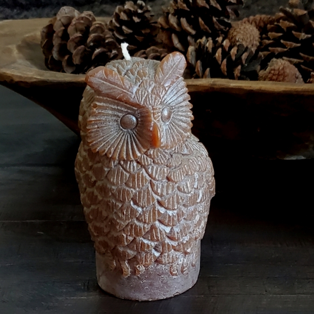 Vintage Owl Wax Carved Candle, Made in Hong Kong, Golden Brown, 6" EUC